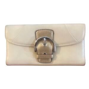 Vintage COACH Leather Trifold Wallet Ivory with Metallic Leather Big Buckle Soho